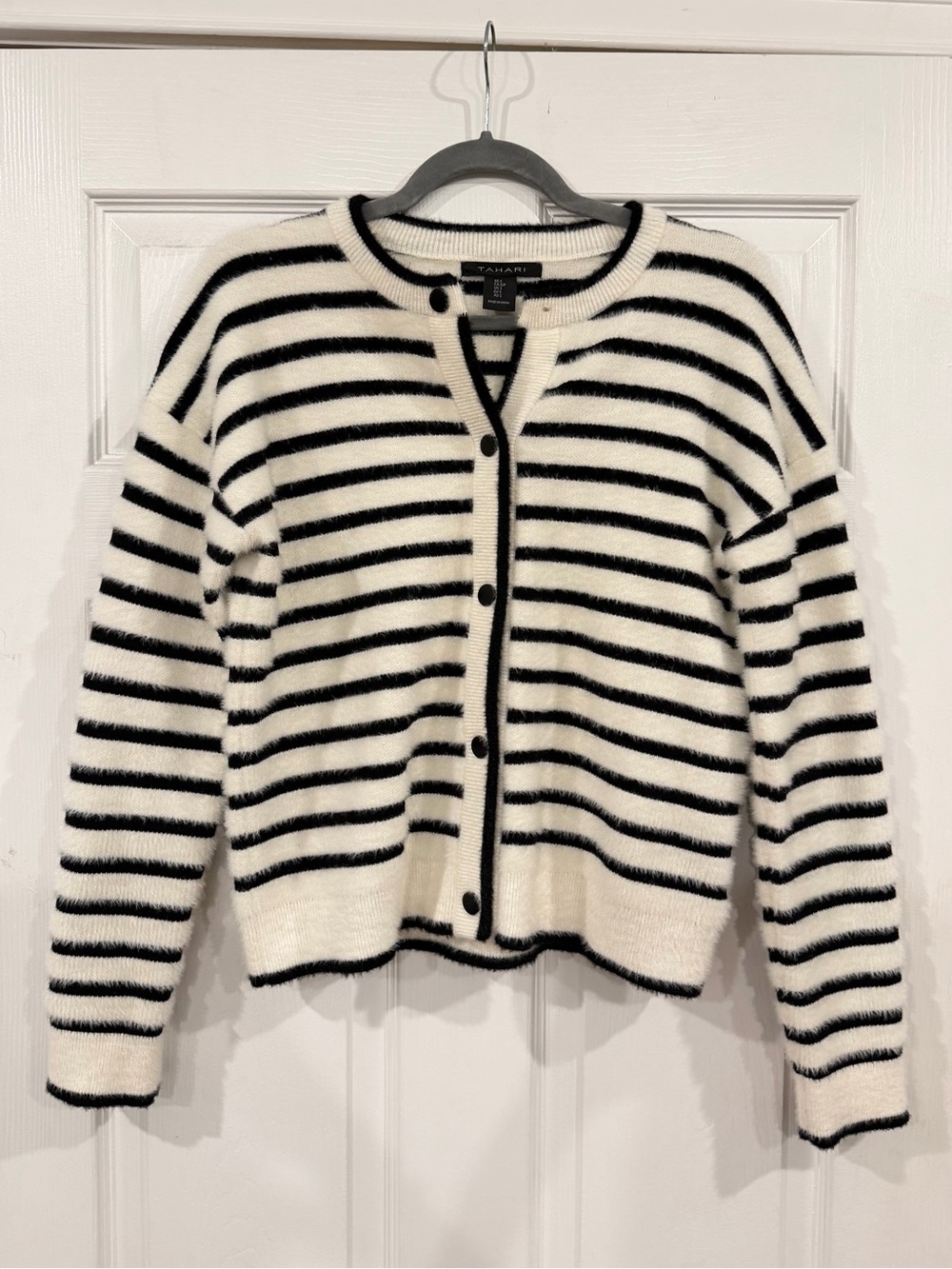 Tahari Black & White Striped Fuzzy Button Cardigan - Size Small